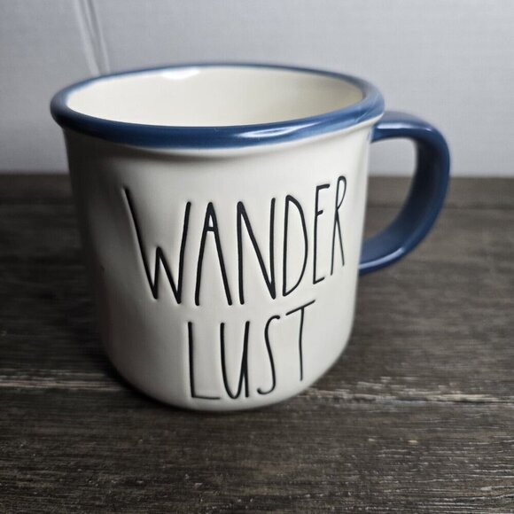 NWT Rae Dunn Artisan Wanderlust Coffee Mug Blue Trim Summer Camping Boho - Picture 1 of 10